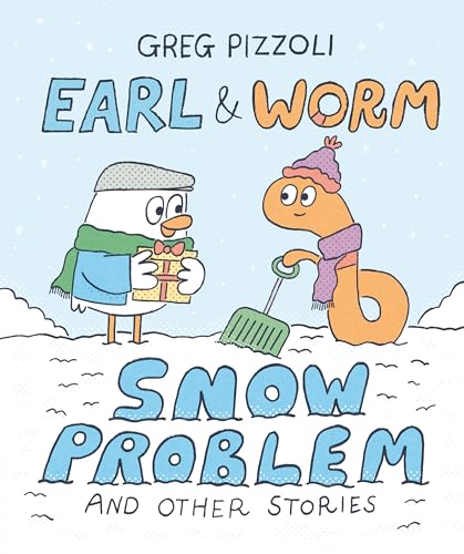 Cartoon duck and worm in snow, holding gifts and a shovel.