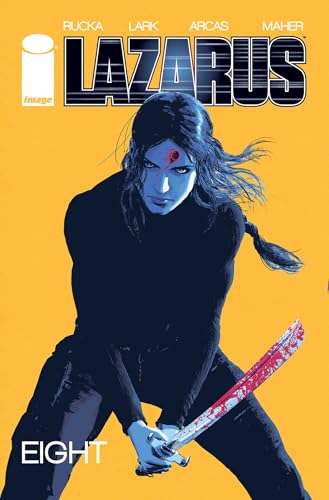 Comic book cover with Lazarus title and number 8, colorful illustrations, DC Comics logo.