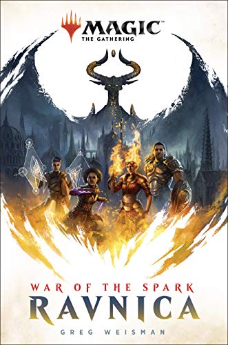 Magic: The Gathering “War of the Spark” book cover with characters and city.