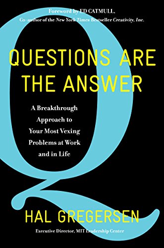 Book cover with a large blue "Q" and yellow title, "Questions Are The Answer.