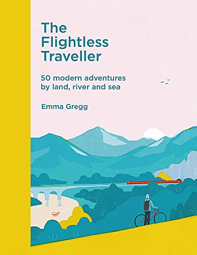 Book cover with illustrated landscape, cyclist, and text: “The Flightless Traveller”.