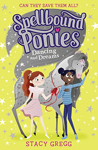 Book cover: two girls with a grey pony, sparkly yellow background.