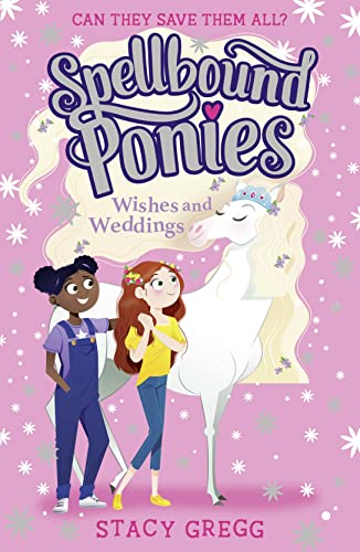 Book cover: two girls with a white unicorn, pink background.