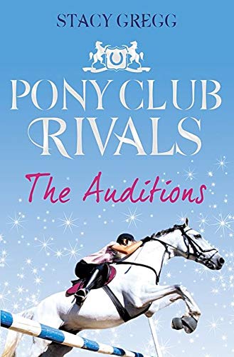Book cover featuring a rider on a white horse jumping over a blue hurdle.