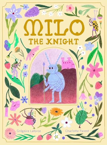 A blue beetle knight stands in an archway surrounded by colorful flowers and insects.