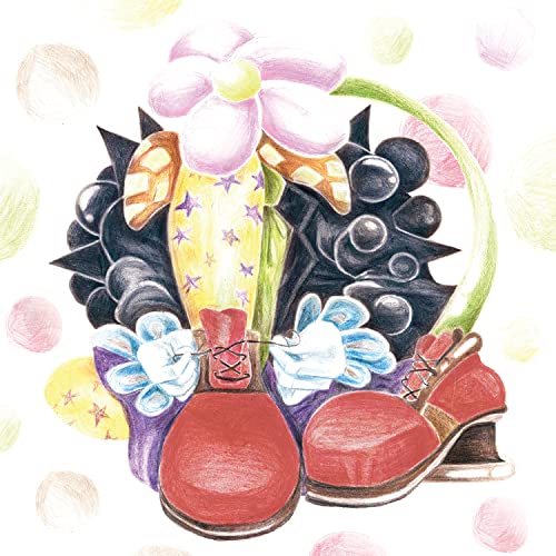 Colorful illustration of boots, flowers, and abstract shapes on a pale background.