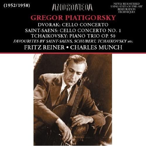 CD cover featuring cellist Gregor Piatigorsky in a suit playing his instrument.