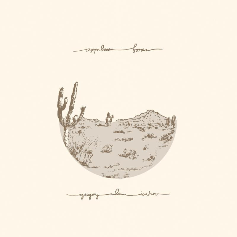A line drawing of a desert scene with a cactus and rider on horseback.