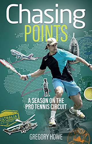 Book cover of "Chasing Points" featuring a tennis player in action, surrounded by travel and tennis elements.