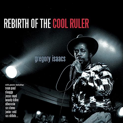 Black and white album cover of Gregory Isaacs singing into a microphone.