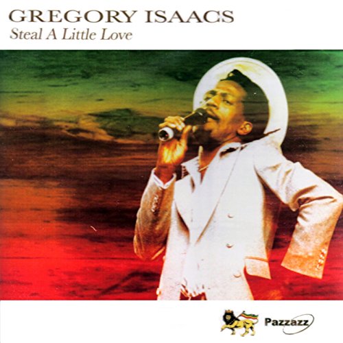 Gregory Isaacs wearing a white suit and hat, singing into a microphone against sunset.