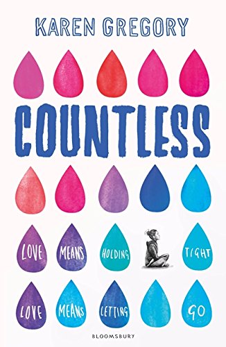 Book cover for "Countless" with colorful teardrops and a seated figure.