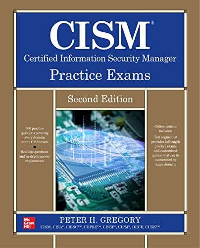 CISM practice exam book cover with circuit board image and blue text.