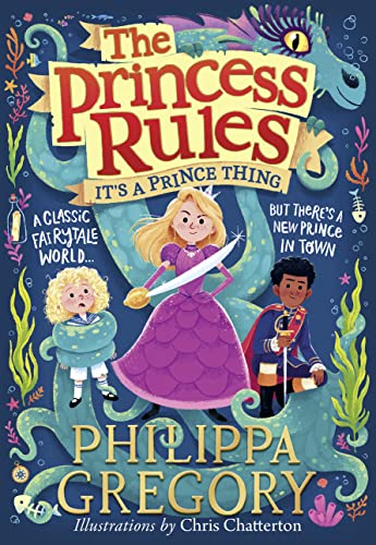 Book cover with a princess, a prince, and a child held by a sea creature.