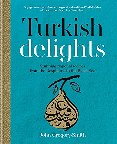 Cookbook cover: "Turkish Delights" with a pear illustration and gold lettering.