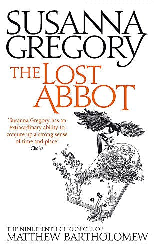 Book cover: “The Lost Abbot” by Susanna Gregory, with a raven and skull illustration.