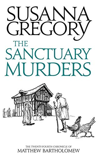 Book cover: “The Sanctuary Murders” with a sketched medieval village scene.