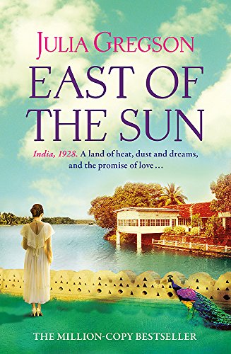 Book cover: woman in white, peacock, waterfront scene, and title “East of the Sun”.