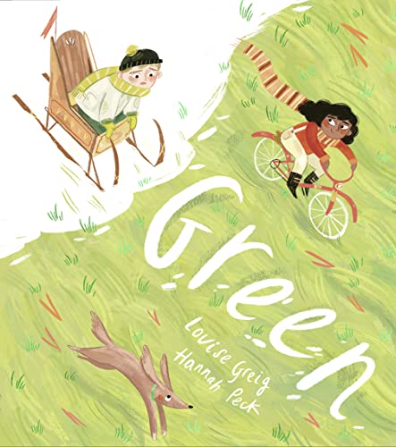 Illustration of children, a dog, and a rocking chair on a green hill.