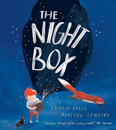 Book cover: "The Night Box" with a child, fox, and black cat.