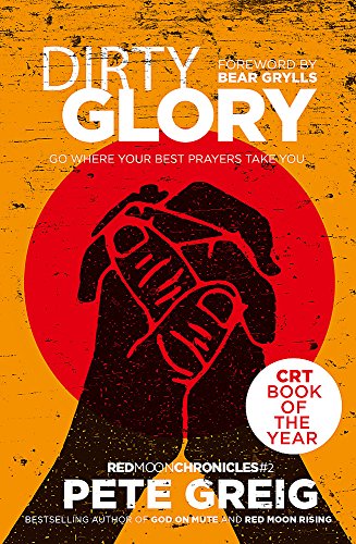 Book cover with a red moon, black silhouette of praying hands, and orange background.