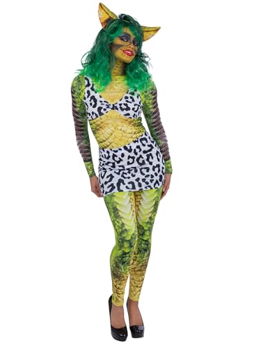 Woman in a green and white patterned Gremlins 2 Greta costume.