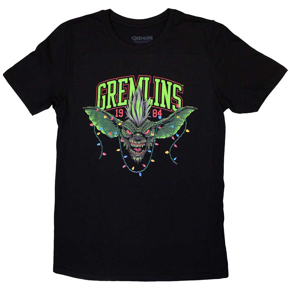 Gremlins movie Stripe character tangled in colorful 1984 Christmas lights, medium t-shirt.
