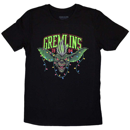 Gremlins movie Stripe character tangled in colorful 1984 Christmas lights, medium t-shirt.