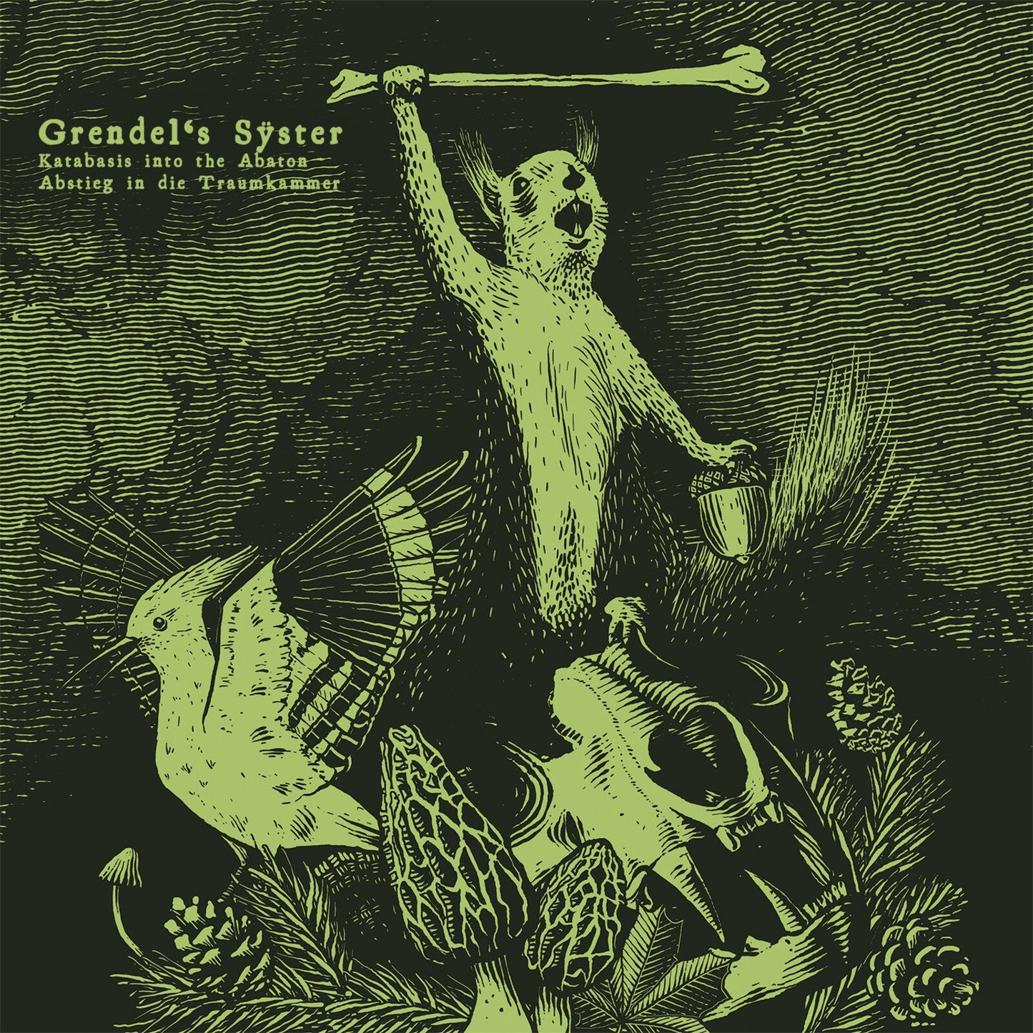 Vintage-style album cover with a squirrel, birds, and bone illustration.