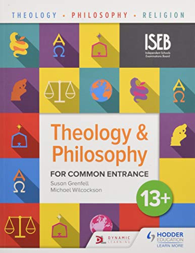 Textbook cover for Theology & Philosophy, with icons and "13+" label.