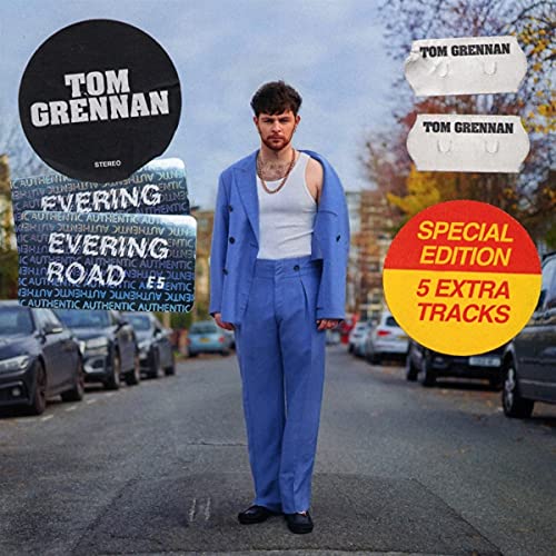 Tom Grennan album cover, "Evering Road," featuring artist in blue suit.