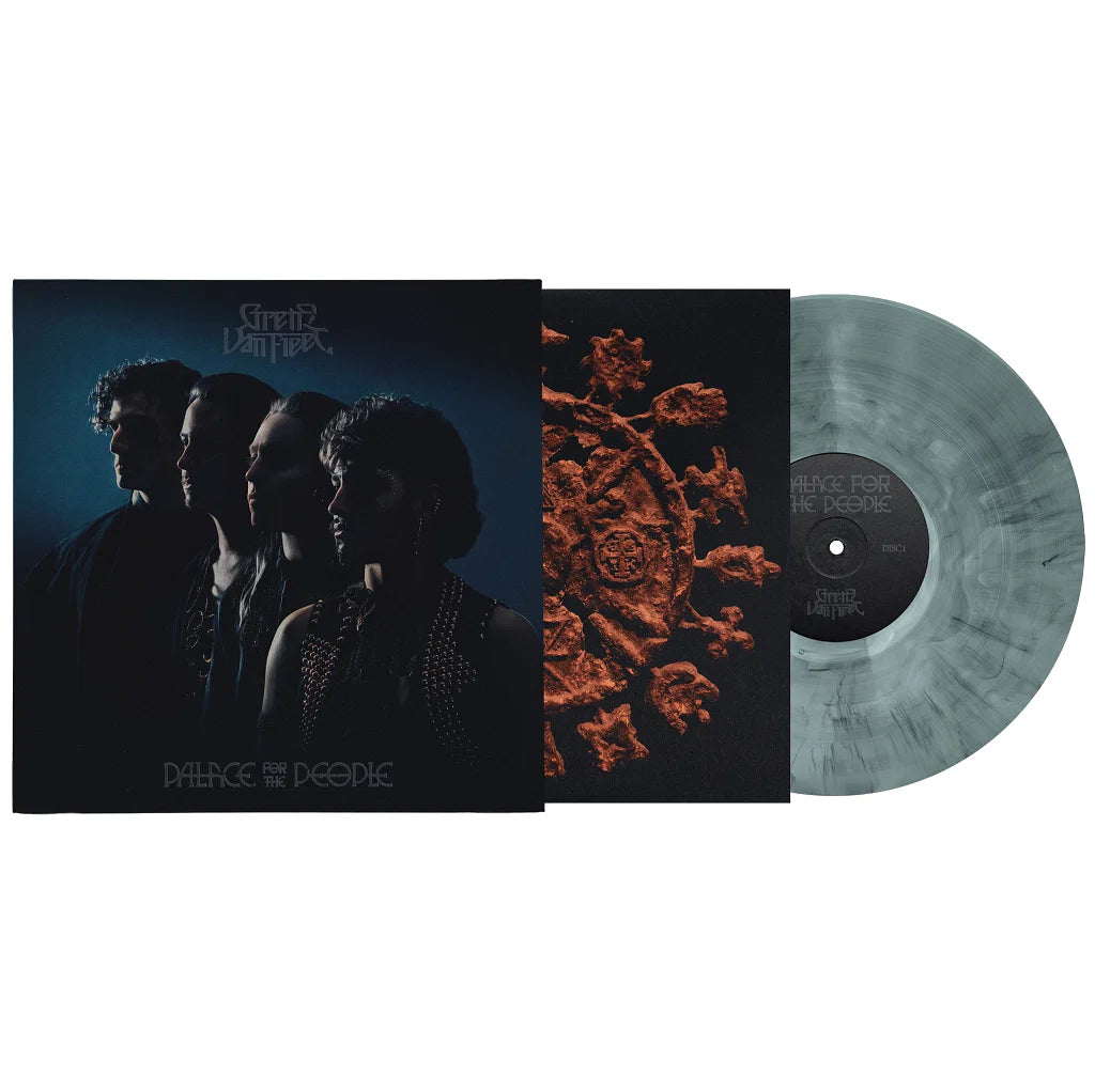 Greta Van Fleet album cover and marbled grey vinyl record displayed.