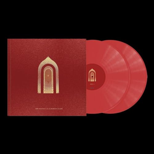 Red vinyl record and album cover with gold arch design.