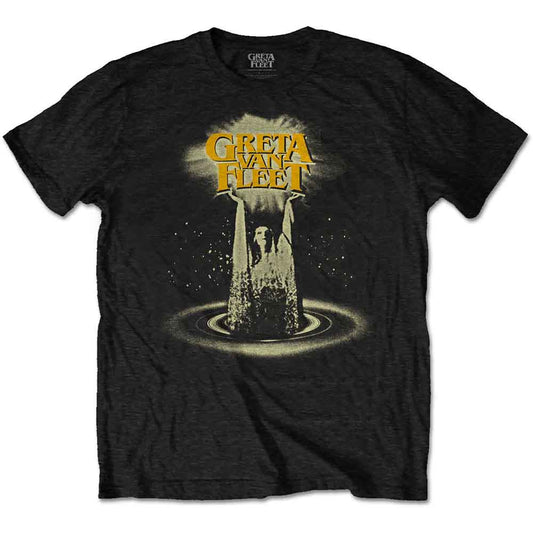 Black Greta Van Fleet t-shirt with gold and brown graphic design.