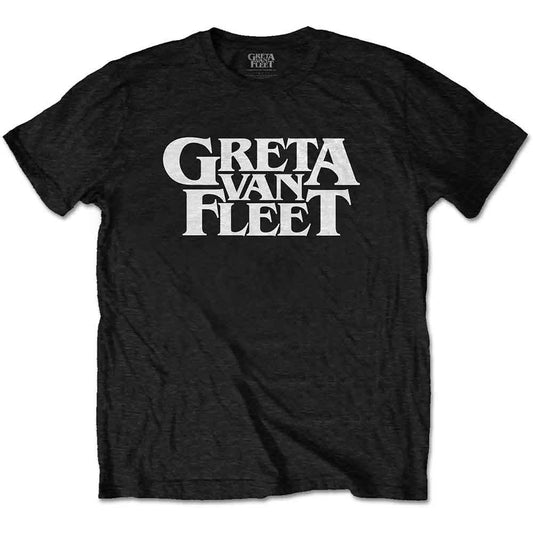 Black t-shirt with white "Greta Van Fleet" logo centered on the chest.