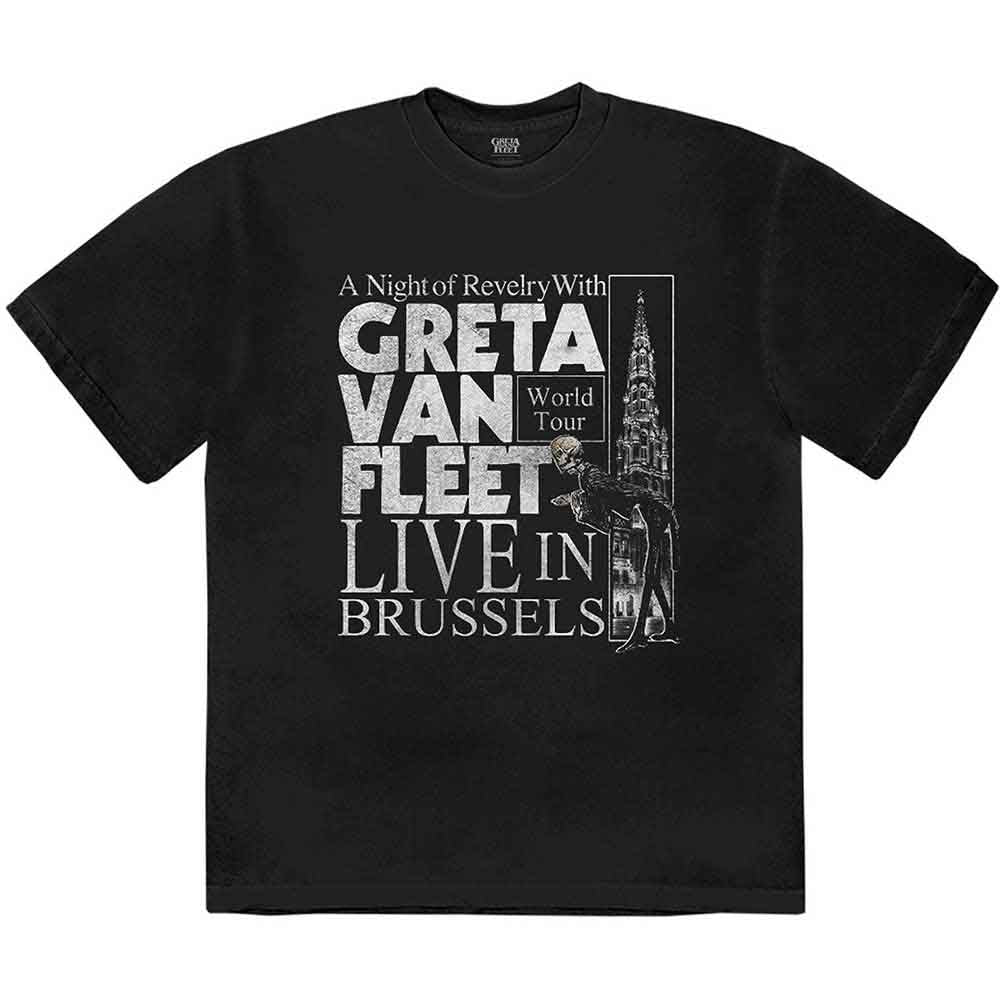 White unisex t-shirt featuring Greta Van Fleet Night of Revelry graphic design.