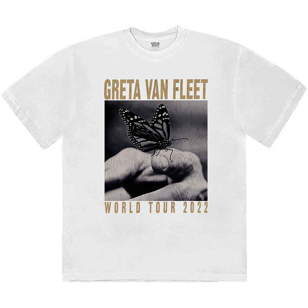 Black unisex t-shirt featuring a large, colorful butterfly graphic and Greta Van Fleet branding.