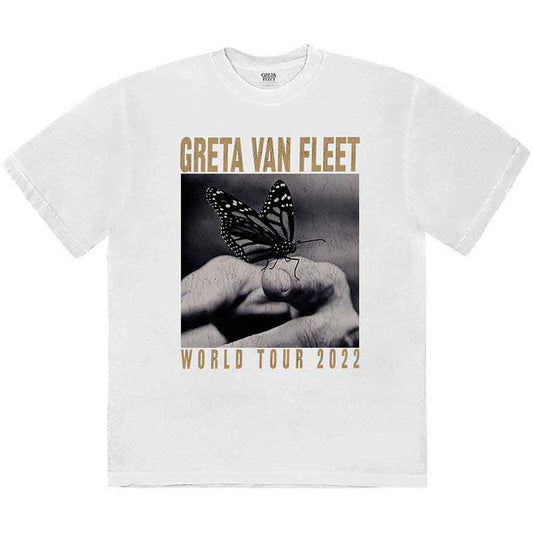 Black unisex t-shirt featuring a large, colorful butterfly graphic and Greta Van Fleet branding.