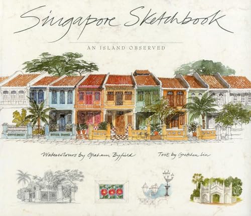 Watercolor painting of colorful Singaporean shophouses with palm trees.