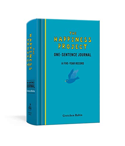 Blue journal titled "The Happiness Project" with a bird illustration.