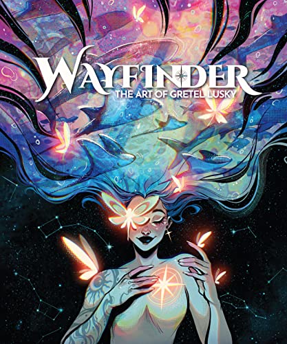 Book cover featuring a woman with flowing blue hair, glowing butterflies, and celestial imagery.