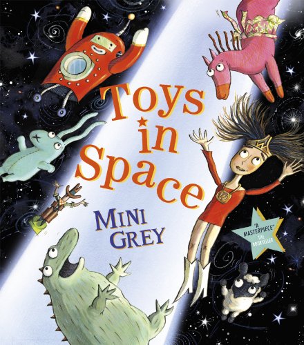 Children's book cover showing various toys floating in space against a starry background.