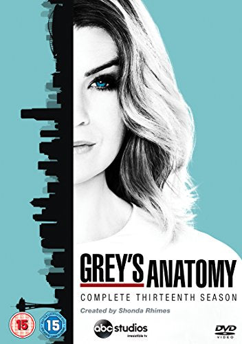 Grey's Anatomy Season 13 DVD cover featuring a woman's face and a city skyline silhouette.