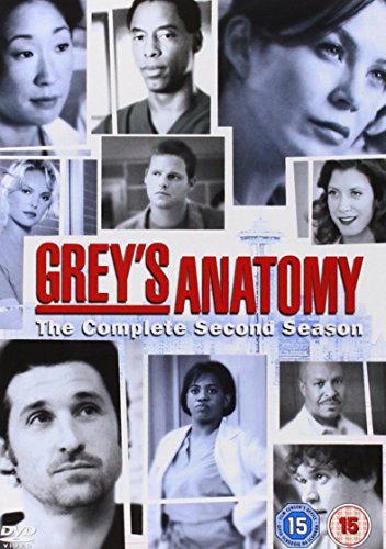 "Grey's Anatomy Season 2 DVD cover featuring black and white headshots of main characters."