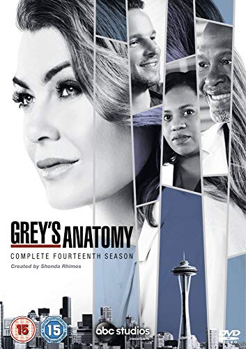 "Grey's Anatomy Season 14 DVD cover featuring a collage of main characters' faces."