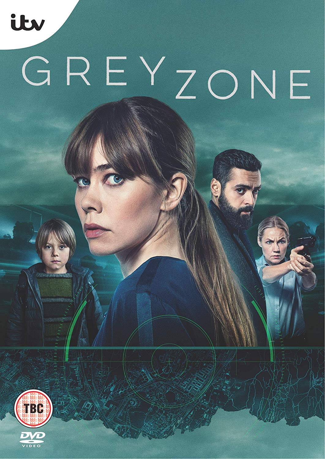 "DVD cover featuring four people against a cloudy background with "GREYZONE" title."