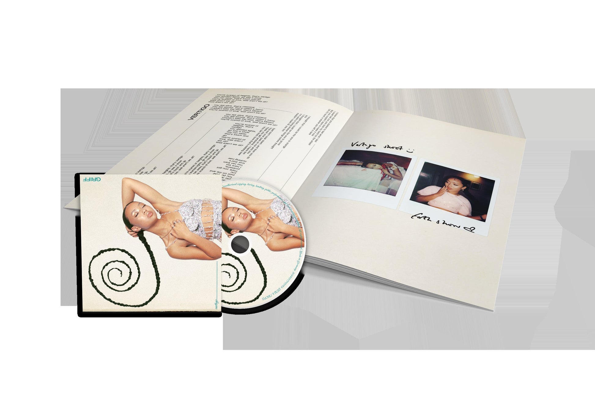 CD case, disc, and booklet for Griff’s “Vertigo” album, with photos.