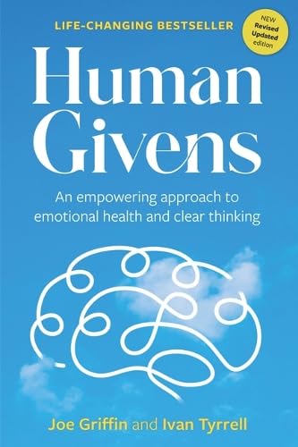 Book cover titled Human Givens with a white line drawing of a brain on blue.