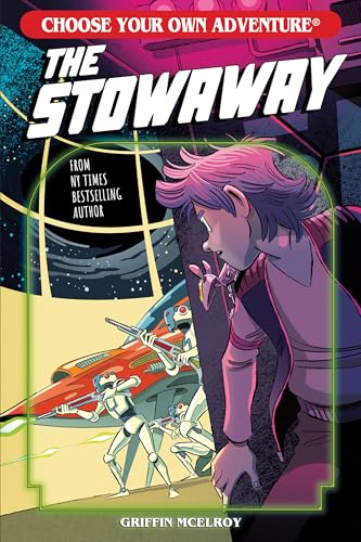 Book cover: a young person hides, looking at a spaceship and robots.