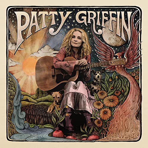 Patty Griffin playing acoustic guitar in a whimsical, illustrated landscape with dogs and flowers.